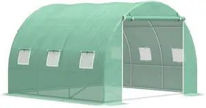 Outsunny 10' x 10' x 6.5' Walk-in Tunnel Hoop Greenhouse, Polyethylene PE Cover, Steel Frame, Roll-Up Zipper Door & Windows for Flowers, Vegetables, Tropical Plants, Green