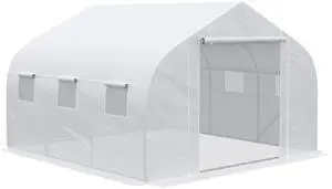 Outsunny 12' x 10' x 7' Walk-in Greenhouse, Tunnel Green House with Zippered Mesh Door and 6 Mesh Windows, Gardening Plant Hot House with Galvanized Steel Frame, White