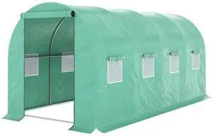 Outsunny 15' x 7' x 6.5' Walk-in Tunnel Hoop Greenhouse, Green House with Polyethylene PE Cover, Steel Frame, Roll-Up Zipper Door & Windows for Flowers, Vegetables, Tropical Plants, Green