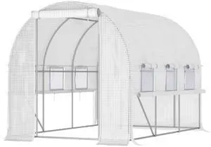 Outsunny 10' x 7' x 7' Walk-in Tunnel Greenhouse, Outdoor Green House with Anti-Tear PE Cover, Zipper Doors and Mesh Windows, White