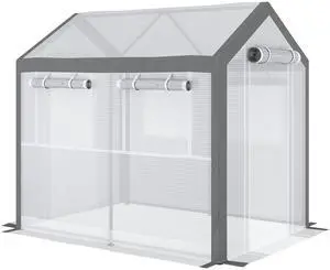 Outsunny 8' x 6' x 7.5' Walk-In Greenhouse, Outdoor Gardening Canopy with 6 Roll-up Windows, 2 Zippered Doors & Weather Cover, White