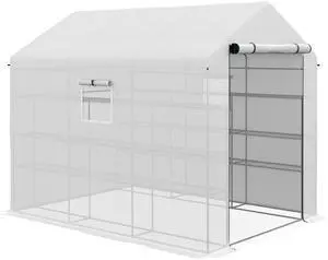 Outsunny 8' x 6' x 7' Walk-in Greenhouse with Mesh Door and Windows, 18 Shelf Green House with Trellis, Plant Labels, UV protective for Growing Flowers, Herbs, Vegetables, Saplings, White