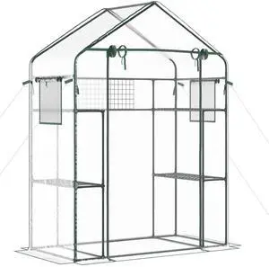 Outsunny Outdoor Walk-in Mini Greenhouse with Mesh Door & Windows, Small Portable Garden Green House with 3 Tiers 6 Shelves, Trellis, & Plant Labels