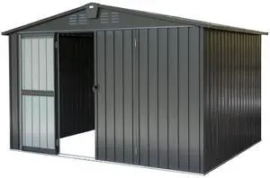 Outdoor Storage Shed 10'x 8', Metal Garden Shed for Bike, Trash Can, Tools, Galvanized Steel Outdoor Storage Cabinet with Lockable Door for Backyard, Patio, Lawn (10x8ft, Dark Gray)