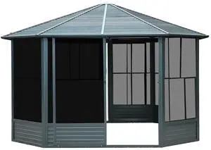 12 x 12 FT Sunroom Octagonal Solarium,Screen Houses for Outdoors Backyard with Lockable Sliding Door,Moveable PC Screen,Galvanized Steel Sloping Roof