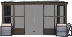 12x14FT All Season Sunroom, Outdoor Permanent Wall Mounted Solarium with Detachable Polycarbonate Windows, Aluminum Lean to Gazebo Sun Room with 2 Lockable Sliding Doors for Garden Patio Deck