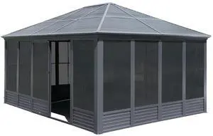 13x16.5FT Sunroom, Four Season Solarium Aluminum Hardtop Gazebo with Galvanized Steel Roof, Movable PVC Screen Walls, Sliding Doors, Sun Room Pavilion Gazebo for Patio Deck Backyard, Gray