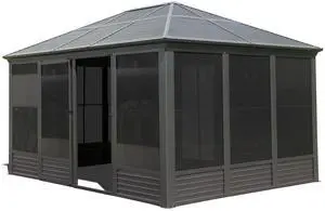 11.2x14.6FT Sunroom, Four Season Solarium Aluminum Hardtop Gazebo with Galvanized Steel Roof, Movable PVC Screen Walls, Sliding Doors, Sun Room Pavilion Gazebo for Patio Deck Backyard, Gray