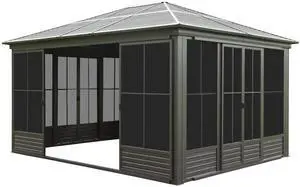 12x14FT Outdoor Sunroom, Galvanized Steel Hardtop Enclose Gazebo Sloping Roof, All Weather Aluminum Solarium Screen House for Patio Deck Backyard with Lockable Door, Moveable PC Screen