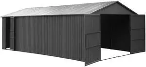 12x25FT Outdoor Metal Garage Shed, Extra Large Metal Carport with Lockable Double Hinged Doors, Heavy Duty Car Shelter for Car, Truck, Motorcycle and Lawn Equipment, Dark Grey
