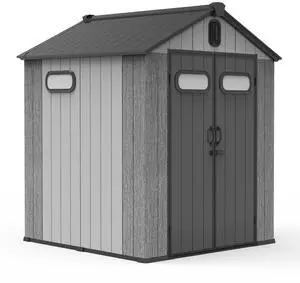 6X6 FT Outdoor Resin Storage Shed, Waterproof Plastic Garden Shed with Lockable Door, Windows & Vents, Outside Storage Tool Shed for Patio Furniture, Lawn Mower, Bike