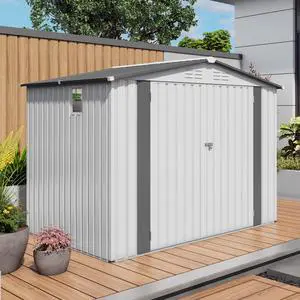 8X6 FT Metal Outdoor Storage Shed, Tool Shed with Pitched Roof Waterproof with Side Window and Lockable Door, Metal Tool Shed for Garden Tool Storage, Everyday Sundries and Bike Storage, White + Gray