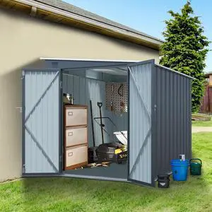 6x8FT Galvanized Steel Outdoor Storage Shed with Lockable Double Doors, Metal Lean to Shed with Free PC Light Board for Tools, Bikes & Patio Essentials (Without floors)