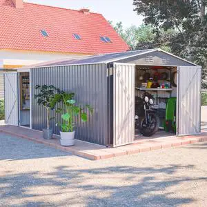 10x14 FT Outdoor Metal Storage Shed, Large Garden Shed Tool Shed with 3 Lockable Doors & Side Door, Waterproof Yard Building with 4 Air Vents for Backyard, Patio, Light Gray