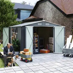 Campcraft  Outdoor Storage Shed 9×11 FT with 3 Lockable Doors,Utility Tool Shed Metal Storage Garden Sheds 4 Vents,for Backyard,Patio,Lawn,Grey