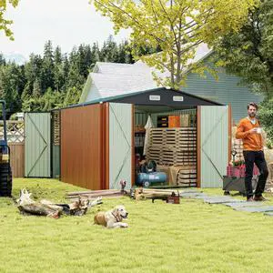 Campcraft  Outdoor Storage Shed 9×11 FT with 3 Lockable Doors,Utility Tool Shed Metal Storage Garden Sheds 4 Vents,for Backyard,Patio,Lawn,yellow