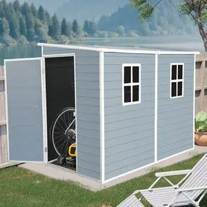 4x8ft Outdoor Storage Shed with Floor Resin shed with Two-Window, Waterproof ,Lockable Doors for Patio,Yard,Lawn ---Gray