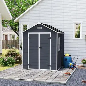 Campcraft 6*6ft resin storage shed, high quality pp material, strong structure, waterproof, rust and UV proof, large storage space, 12mm thick pp board, HD window lighting Dark gray