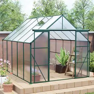 8x10FT Double Door Polycarbonate Greenhouse Raised Base and Anchor Aluminum Heavy Duty Walk-in Greenhouses for Outdoor Backyard in All Season,Green