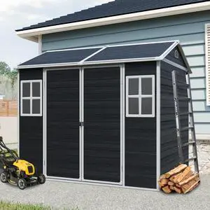 8 x 6ft Resin Outdoor Storage Shed Waterproof Shed with Floor & Two Windows & Lockable Door, Tool Shed for Garden, Patio, Backyard ,Black 8 x 6ft Resin Outdoor Storage Shed Waterproof Shed with Floor & Two Windows & Lockable Door, Tool Shed for Garden, Patio, Backyard ,Black