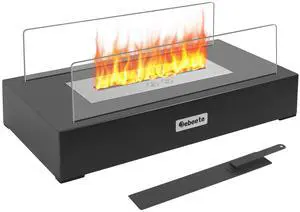 13.7 in. x 5.5 in. Bio-Ethanol Ventless Fireplace in Glass/Black Metal for Indoor/Outdoor, Smokeless Tabletop Fire Pit