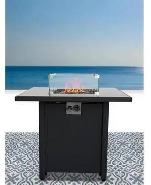 30" Powder-Coated Metal Fire Pit with Smoked Glass Lid