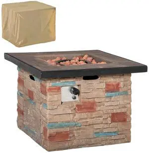 Outsunny 32 Inch Outdoor Propane Gas Fire Pit Table, 50,000 BTU Auto-Ignition Square Faux Ledge Stone Gas Firepit with Lava Rocks and Rain Cover, CSA Certification, Brown