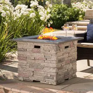 32'' STONE SQUARE MGO FIRE PIT W/ GREY TOP- 40,000 BTU