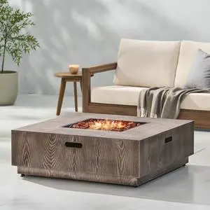 WELLINGTON SQUARE IRON WOOD PATTERN FIRE PIT -50,000 BTU Tank outside
