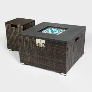 32" Propane Gas Fire Pit Table with Propane Tank Cover, 50000 BTU  Square Steel Fire Pit with Beautiful Wicker Base for Outside Patio Deck Garden Backyard-Black