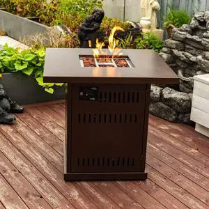 28" Propane Gas Fire Pit Table, 50000 BTU Square Steel Fire Pit for Outside Patio Deck Garden Courtyard-Brown