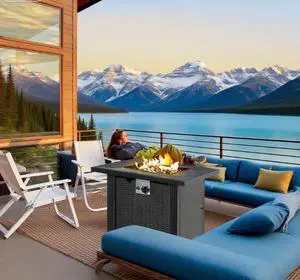 Outdoor Propane Gas Fire Pit Table,  Auto-Ignition Square Wicker-effect Gas Firepit with Ceramic Tabletop