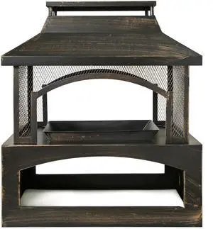 37-Inch Rectangular Metal Outdoor Wood Burning Fireplace - Outdoor Fireplace with Built-in Log Storage and Poker-Brushed Bronze,Log Burner Fire Pit for Patio Garden And Backyard
