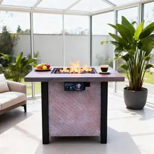 25" H Outdoor Patio Propane Gas Fire Pit Table - 50,000 BTU High-temperature-resistant carving process for environmentally friendly materials with the effect of rattan weaving grain