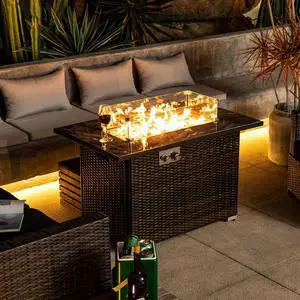 44" Propane Gas Fire Pit Table, 50000 BTU Rectangular Fire Pit, Tile Tabletop with Beautiful Wicker Base for Outside Patio Deck Garden Courtyard-Brown
