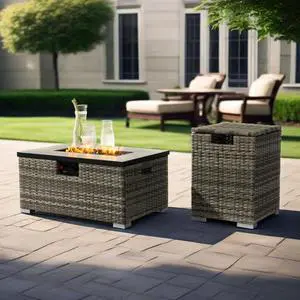 32" Propane Gas Fire Pit Table with Propane Tank Cover 2-Pieces, 50000 BTU Rectangular Steel Fire Pit with Beautiful Wicker Base for Outside Garden-Beige
