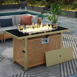 K&K 43" Propane Gas Fire Pit Table, 60000 BTU Rectangular Open Weave Wicker Fire Pit with Glass Wind Guard for Outside Patio Deck Garden Backyard - Orange & Mustard Yellow