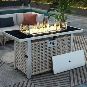 K&K 43" Propane Gas Fire Pit Table, 60000 BTU Rectangular Open Weave Wicker Fire Pit with Glass Wind Guard for Outside Patio Deck Garden Backyard - Grey