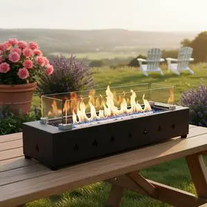 28-Inch Rectangle Fire Pit, 40000BTU Outdoor Propane Fire Pit, Wind-Resistant Firepits, Durable Iron Stylish Glass Beads Design