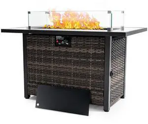 Outdoor Fire Pit 50,000 BTU Propane Gas Fire Table with Lid Fireplace with Glass Wind Guard Wicker Base for Garden, Patio, Backyard, 44"