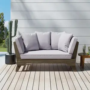 Expandable Daybed with Cushions,Outdoor Couch Acacia Wood Patio Couch with Adjustable Armrests,Outdoor Convertible Sofa with Removable Cushions&Pillows for Patio, Porch, Poolside