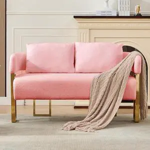 TS Modern decorative chair, living room side chair with gold metal legs, no wheels, suitable for dressing area, reception room, office,Teddy fleece upholstered metal foot sofas  Pink