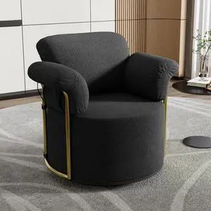360 Degree Square Swivel Accent Sofa Chair,Fluffy Fabric Lounge Wide Upholstered Reading Chair with Gold Metal Legs, Comfortable Armchair for Living Room,Bedroom,Office(Black)