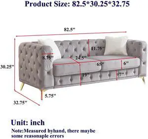 FX 82.5-inch Deluxe Velvet Sofa with Chesterfield Tufted Buttons with 2 Pillows and Metal Feet