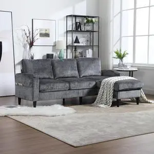 UNITED  WE WIN Sofa for three, solid wood frame, Chenille fabric, side pocket, with two cup holders, footstool with storagestorage sofa /Living room sofa cozy sectional  sofa