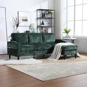 UNITED  WE WIN Sofa for three, solid wood frame, Chenille fabric, side pocket, with two cup holders, footstool with storagestorage sofa /Living room sofa cozy sectional  sofa