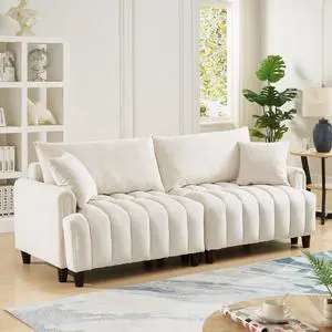 83'' Futon Sofa Bed, Polyester Fabric Comfy Futon Couch Bed with 2 Square Pillows, Convertible Sleeper Sofa with Adjustable Backrest,  Modern Loveseat Sleeper for Living Room, Beige