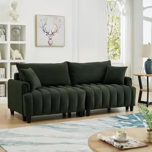 83'' Futon Sofa Bed, Polyester Fabric Comfy Futon Couch Bed with 2 Square Pillows, Convertible Sleeper Sofa with Adjustable Backrest,  Modern Loveseat Sleeper for Living Room, Dark Green