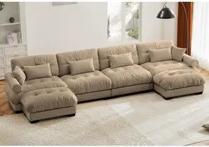U Shaped Sectional Sofa Cloud Couch with Movable Ottomans,Convertible Deep 4 Seater Modern Velvet Comfy Upholstered Corner Couch with Blostered Armrests, Waist Pillow and Throw Pillows,Camel