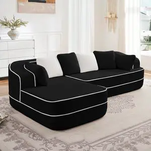 106" Teddy Fabric No Assembly 32D High Density sponge Boneless Sofa,Contrast color design,Fluffy Comfy Couch with L-Shaped Chaise,for Living Room,Black